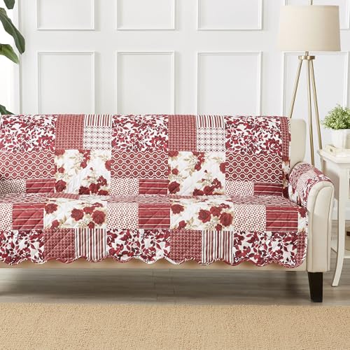 Image of Great Bay Home Reversible Patchwork Sofa Cover - Washable Slipcover Furniture Protector with Elastic Straps - Perfect for Kids & Pets - Box-Stitched Detail (Burgundy)