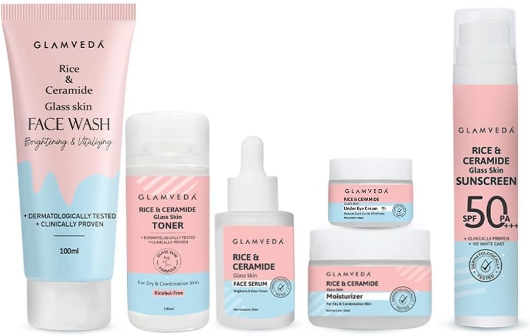 Glamveda Korean Rice & Ceramide 6 Step Skincare Routine For Women & Men | Face wash, Toner, Serum, Under eye cream, Moisturizer, & Sunscreen | Skin Brightening (6 Step)