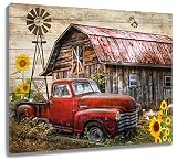 LB Rustic Farmhouse Canvas Wall Art Old Car and Cattle with Barn Framed Canvas Art Farm Cow and Sunf