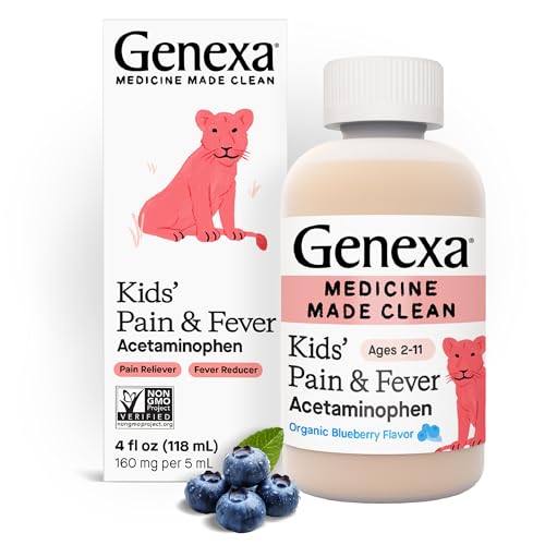 Image of Genexa Kids’ Pain and Fever Reducer | Childrens Acetaminophen, Dye Free, Liquid Oral Suspension Medicine | Delicious Organic Blueberry Flavor | 160 mg per 5mL | 4 Fluid Ounces