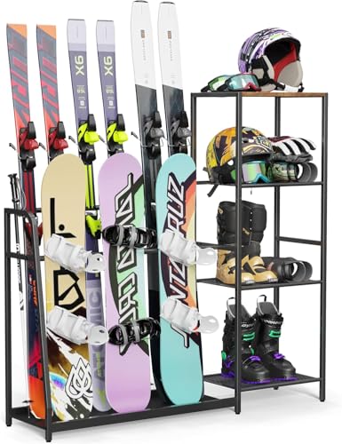 Emfogoo Skiständer, Freistehende Skihalter für die Garage, Stahl-Bodenständer Ski-Organizer für 4 Paar Ski, 3 Snowboards, Stiefel, Stöcke, Brillen, Helme, für Schuppen oder Keller(Grundlegender Stil) Emfogoo Skiständer, Freistehende Skihalter für die Garage, Stahl-Bodenständer Ski-Organizer für 4 Paar Ski, 3 Snowboards, Stiefel, Stöcke, Brillen, Helme, für Schuppen oder Keller(Grundlegender Stil)