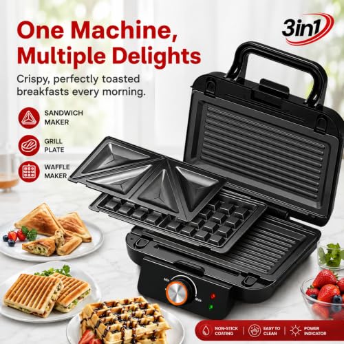 Image of Warmex 3 In 1 1000W Electric Bread Toaster Grill Sandwich, Waffle Maker Machine With Non-Stick Coating Removable Plates | Auto Shut-Off from 100C to 230C Temp Control Opens to 180, BPA & PTFE Free
