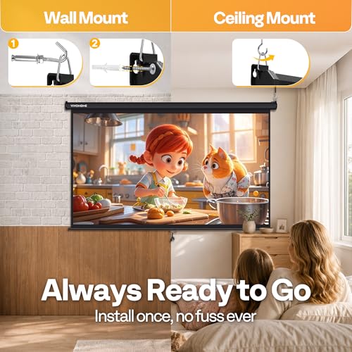 Image of VIVOHOME 100 Inch 16:9 Pull Down Projector Screen, Black | Manual Retractable 4K Projection Screen for Home Theater, Roll Up ALR Movie Screen for Ceiling and Wall Mount