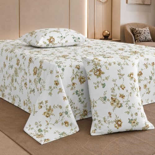 Image of Jaipur Weaves Cotton Linen Feel King Size Bedsheet 108x108 Super King, 100% Pure Cotton Bed Sheet with 2 Pillow Covers, 300 TC Soft Breathable Floral Design Bedding -(Vintage Yellow, Super King)
