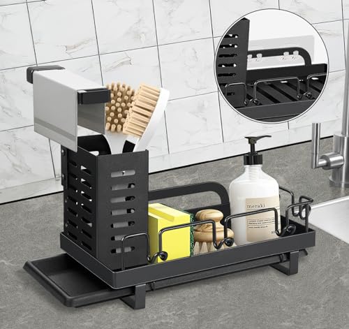 Mocraft Spoelbak-organizer, keukenorganizer, spoelmand met afneembare afdruipbak, keukenorganizer, borstelhouder, spoelbak, caddy voor keuken, zwart
