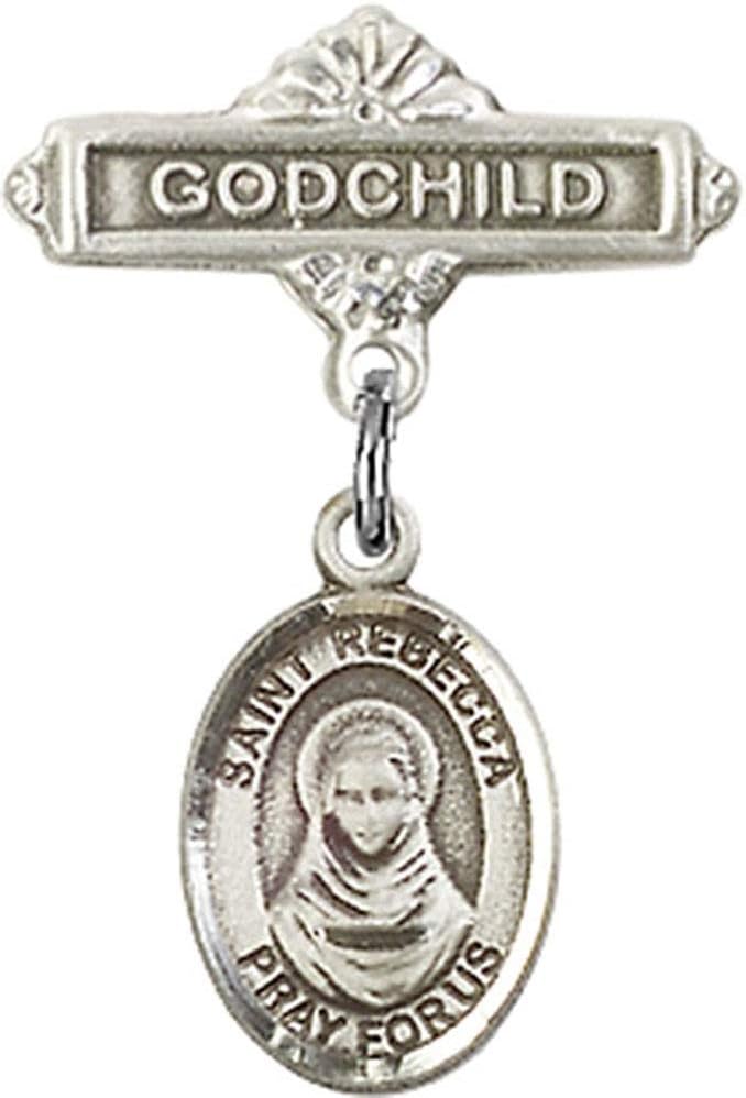 Baby Badge with St. Rebecca Charm and Godchild Badge Pin | Sterling Silver Baby Badge with St. Rebecca Charm and Godchild Badge Pin - Made In USA