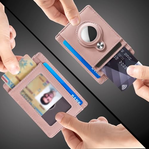 Image of Hawanik Slim Minimalist Front Pocket AirTag Wallet, RFID Blocking Card Holder with AirTag Holder, Pink Champagne, Women's Fashion Wallet