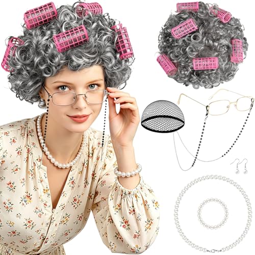 MEEZY Light Gray Curly Wig Old Lady Costume Set Grandma Wig Granny Glasses Eyeglasses Chain Necklace Bracelet Earring Old Women Fun Costume Accessories for Halloween Cosplay