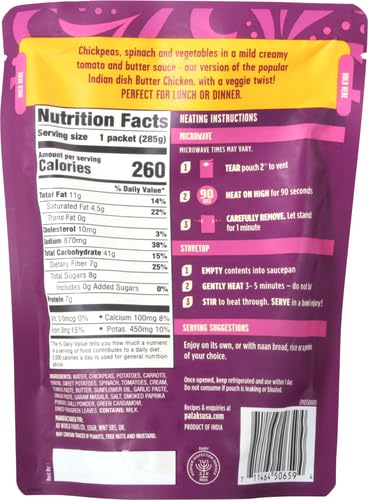 Image of Patak's Butter Chickpeas & Veggies, 10.05 Oz (Pack of 4) Mild Curry with Chickpeas, Spinach, Carrots, Ready to Heat Vegetarian Meals