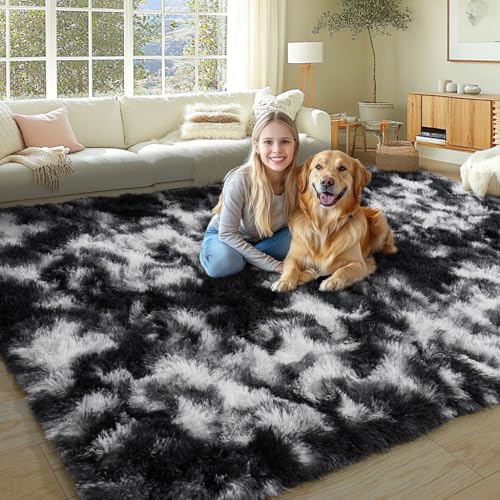 KING DARE 8x10 Black and White Area Rugs, Soft Plush Shaggy Fuzzy Furry Large Rug for Living Room, Anti-Slip Washable Modern Big Floor Carpet for Bedroom Home Decor Aesthetic