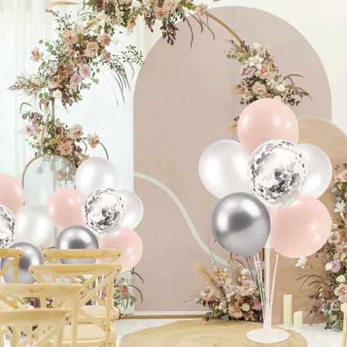 Image of ZJDHPTY 4Set Silver Pink Balloon Stand Girl Baby Shower Decorations | Table Balloon Centerpiece for Girls 1st Sweet 16 Birthday Bridal Shower Engagement Wedding Bachelorette Party Decor