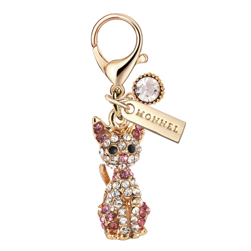 MC123 Crystal 3D Cat Lobster Clasp Charm Pendant with Pouch Bag (Pink ,1 piece)