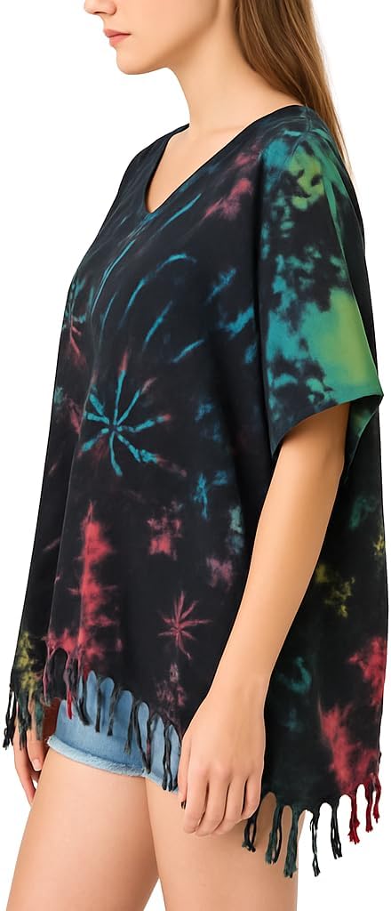 Tie Dye Blouse Caftan Kaftan Poncho Tunic Tops Cover Up Plus size Real Handmade (black 1)