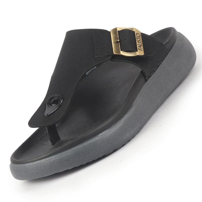 Image of FAUSTO Men Buckle Adjustable T-Strap Side Stitched Summer Waterproof Slip On Sandals|Comfort Featherlite Insole|Thong Slipper for Monsoon Rainy Season