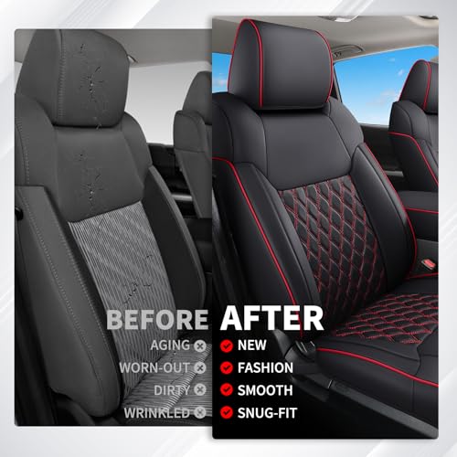 Image of Huidasource Front Truck Seat Covers Fit for 2nd Gen Toyota Tacoma 2005-2015 Double&Crew Cab, Leather Car Seat Cushion Cover for Tacoma Base, PreRunner, SR5, Limited, TRD Sport(Front Pair /Black&Red)