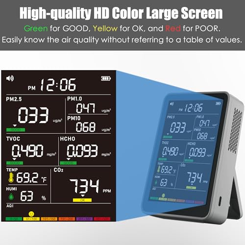Image of Professional Indoor Air Quality Monitor with AQI Alerts, Portable Real-Time Detector for Home, Car, Plants & Pet (Gray)