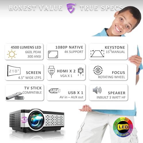 Image of E Gate i9 Pro-Max 4X Brighter Bluetooth Projector 4k Ultra HD,400 ISO Lumens & 840fc Mega Brightness, Full HD 1080p Native, 210 inch (534 cm) Screen | AV, VGA, HDMI, SD Card, USB, AUX, inbuilt Speaker