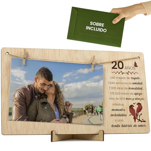 CONTRAXT Moldura de fotos aniversário 20 anos, casamento. Ideias para presentes de 20 anos, para casais, noivos, casamentos. Cartão de felicitações Feliz aniversário ou casamento homem mulher (20 Anos