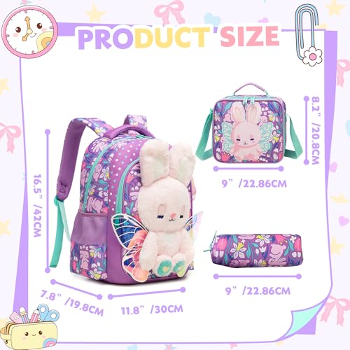 Meetbelify Cute Cat School Backpacks for Girls Backpack with Lunch Bag for Elmentary Students Kids Travel Bookbag for Girls Age 6-12 Purple — view 2