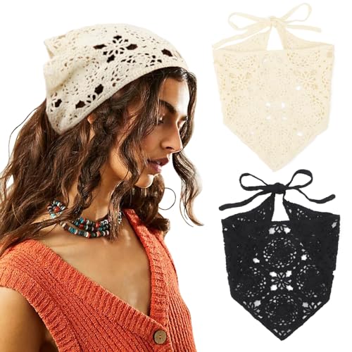 Image of DRESHOW Floral Crochet Hair Bandana Tie Knotted Headscarf Vintage Headband Knitted Head Kerchief for Women Girls