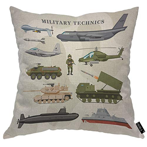 Ekobla Military Technics Throw Pillow Cover Camouflage Army Transport Plane Armored Tank Helicopter Submarine Durable Pillow Covers For Living Room Sofa Indoor Home Decor Cotton Linen 16X16 Inch #TOP11