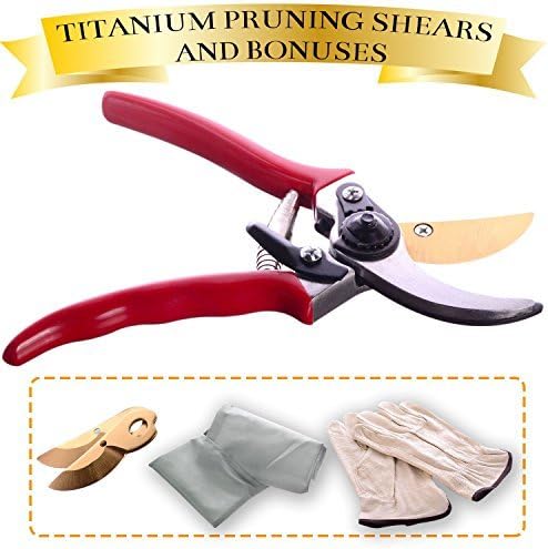 Garden Loves Titanium Pruning Shears Clippers Set Includes Scissors Tool, Leather Gloves and Gardening Bag w/ 2 Bonus Blades