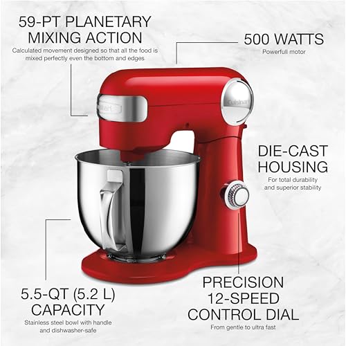 Cuisinart Precision Master 5.5-Quart Tilt-Head Stand Mixer, 12 Speed, 500W, Includes Bowl, Dough Hook, Chef's Whisk and Flat Mixing Paddle, Red (SM-50RC) by Cuisinart - Image 2