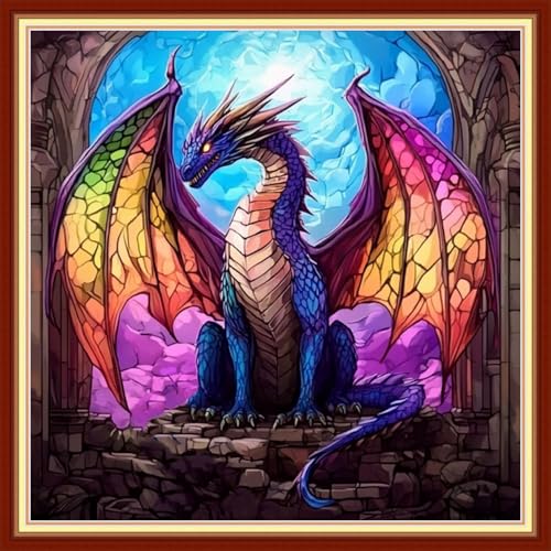 Image of Foxhool Beginners Cross Stitch Kits Stamped Full Range of Embroidery Kits for Adults DIY Cross Stitches kit Embroidery Patterns for Needlepoint kit-Magic Dragon 18x18 inch