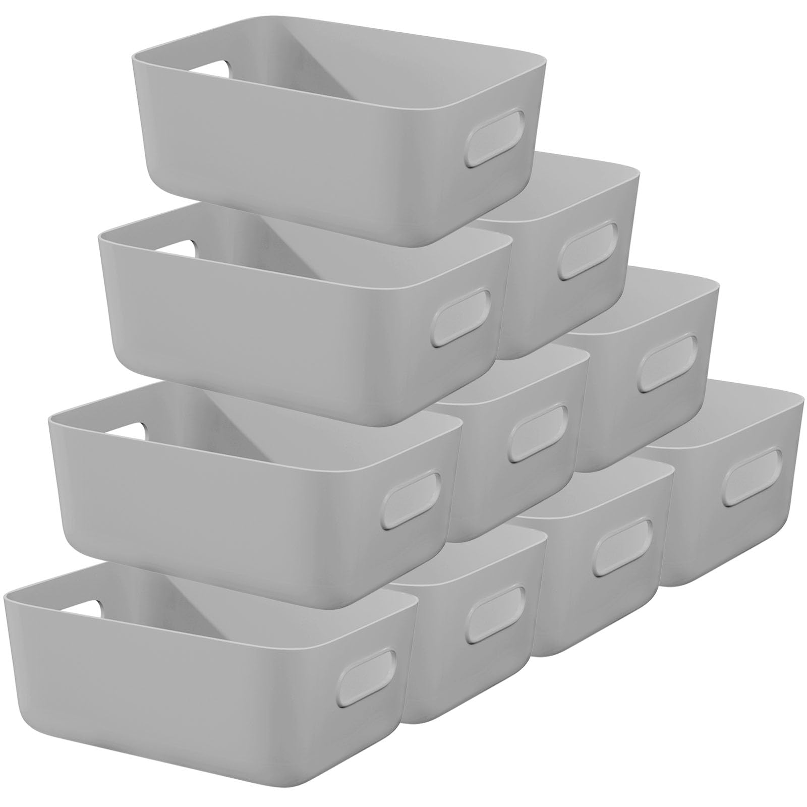 W&H 10 PCS Grey Plastic Storage Boxes with Handle, Medium Kitchen Cupboard Organiser Box, Plastic Storage Baskets for Shelves, Bathroom, Home and Office -25×17×10cm — image 1