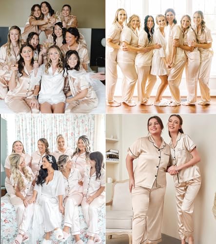 Image of SWOMOG Women's Plus Size Pajamas Silk Satin Pajama Set Short Sleeve Shirt with Full-Length Pants Pjs Sleepwear Set 18W-26W
