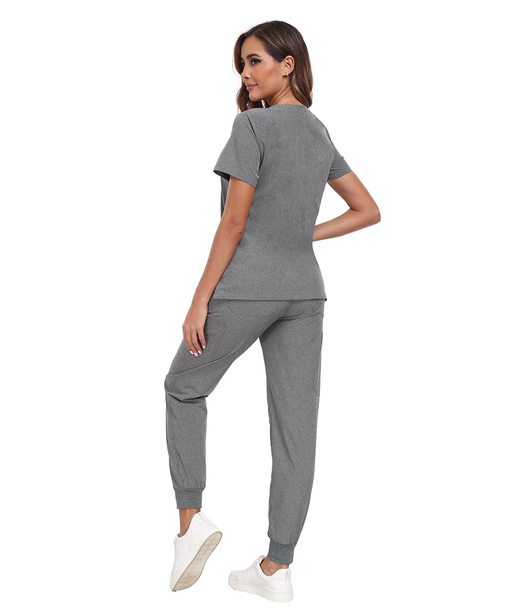 SIAIHUA Scrubs for Women Set, V Neck Scrub Top & Cargo Pants with 8 Pockets, Jogger Scrub Set(Heather Grey,M)