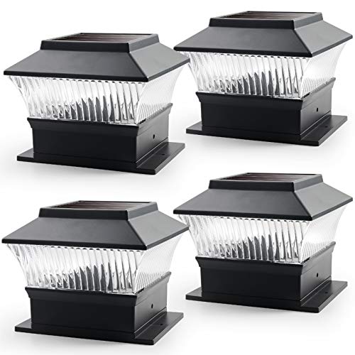 Solar Post Lights Outdoor, 4 Pack Solar Deck Post Lights LED Waterproof Fence Post Solar Lights Post Caps for Flat Surface, 4x4 or 6x6 Wood Posts, Black