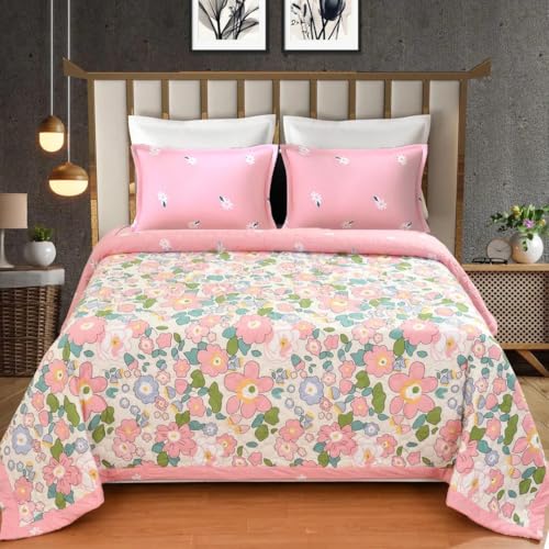 Image of DECOMIZER Super Soft Glace Cotton King Size AC Comforter II Blanket II Duvet for Double Bed with 1 Flat Bedsheet and 2 Pillow Cover - 4 Piece Comforter Set - Pink Flower-300 TC