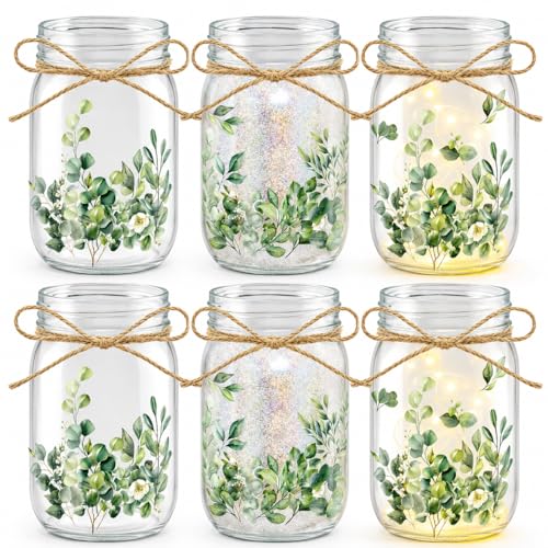 Cinrobiye 6 Set DIY Mason Jar Lantern Craft Kit with LED Lights, Butterfly & Flower Decorations, Handmade Table Centerpiece Decor for Home Party Wedding Craft Lovers