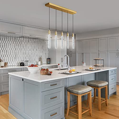 Image of Kitchen Island Lighting Modern Light Fixture Gold Pendant Light Dimmable LED Brass Finish Mini Crystal Pendant Lights for Dining Room Living Room(5-Light)