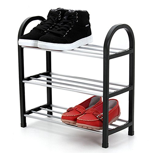 FKUO 3 Tier Black Shoe Rack Living Room Storage Organizer Shoes Shelf Stand Holder Keep Room Neat Door Space Saving (Black, 42x18x42cm)