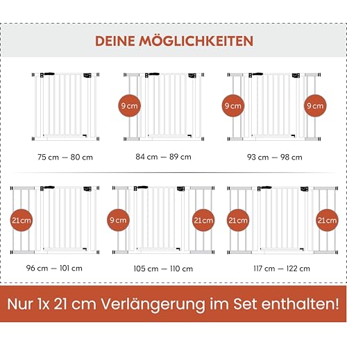 hauck Clear Step 2 + 21 cm Verlängerung, Weiß - Kinderschutzgitter Hundegitter, Verstellbare Breite 96-101 cm, 77 cm Hoch, Flacher Einstieg, Einhand Öffnung, ohne Bohren, für Innen