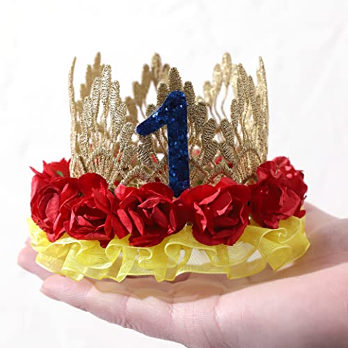 Baby Girl's Golden Lace 1St Birthday Crown - Princess Inspired Birthday Flower Lace Crown, Golden Lace 1St Birthday Hat, Girl's 1St Birthday Decorations, Yellow Border, Red Flowers, Cake Crushing Props. #TOP7