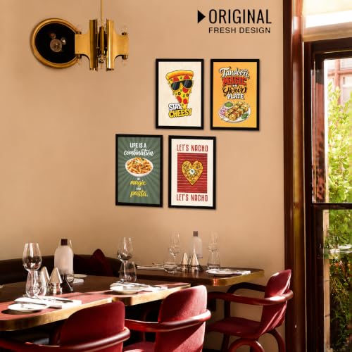 Image of Chaka Chaundh - Restaurant wall decoration items - Cafe quotes wall frames - Pizza walls frame - Pasta wall frame poster, Nacho wall frame, Burger wall frame art. - Food frame poster wall art. ( 14X11 inch. Set OF 4 )