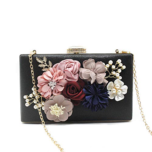Mujer Monedero con flor/Billetera/Bolso de la señora Asistiendo a la cena Asistiendo a una boda/Bolsos de mano para mujer/clutches para mujer Carteras y monederos (Negro)