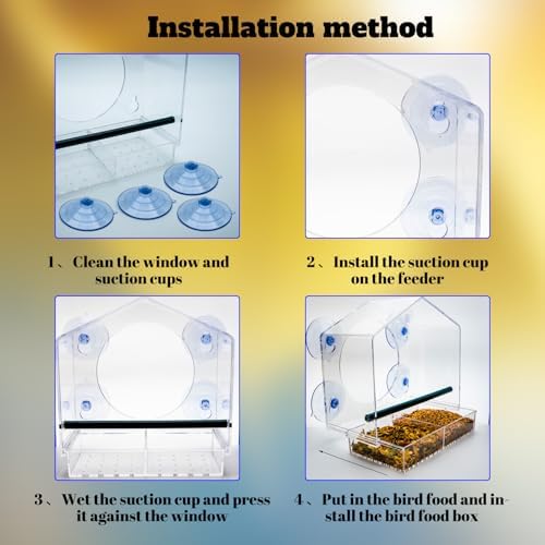 Window Bird-Feeder with 4-Strong Suction-Cups - Large Clear Acrylic Bird House for Outside Wild Birds - Removable Tray & Drain Holes - Up Close Viewing for Cats, Elderly (Color002) - 4