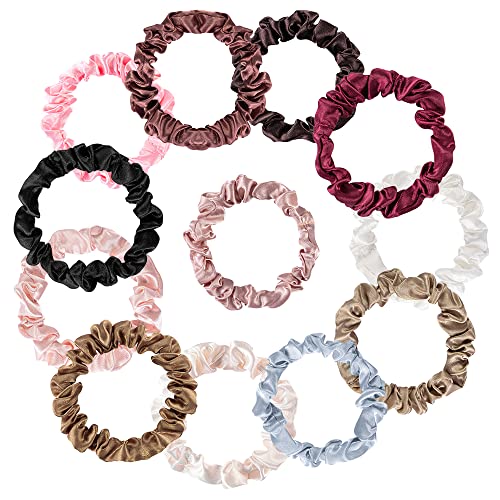 VAGA 12 Cute Scrunchies For Hair - Soft Satin hair Scrunchies for Women - Snag Free ponytail holder Scrunchy Hair Ties - Skinny Hair Tie Ropes Elastics - Girls Gift