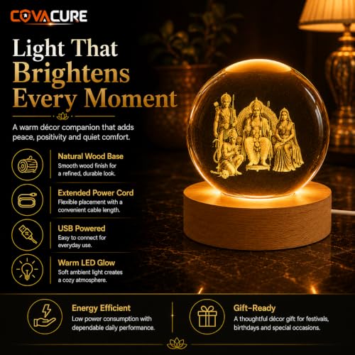 Image of COVACURE 3D Ram Darbar Idol Crystal Ball Night Lamp, 2.4 Inch Ram Darbar with Ram, Laxman, Sita and Hanuman Murti Idol Statue Crystal Ball Night Light for Home & Office Desk Decor, Spiritual Showpiece