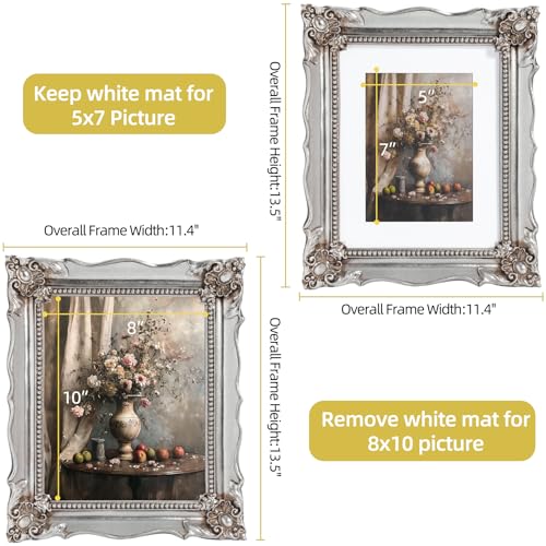 Image of Saysmile 8x10 Vintage Picture Frame with Embossed Flower Design, Silver Ornate Frame for 8x10 or 5x7 Pictures with White Mat, Hand-Crafted Resin Antique Frames for Tabletop & Wall Hanging, Home Decor (Silver)