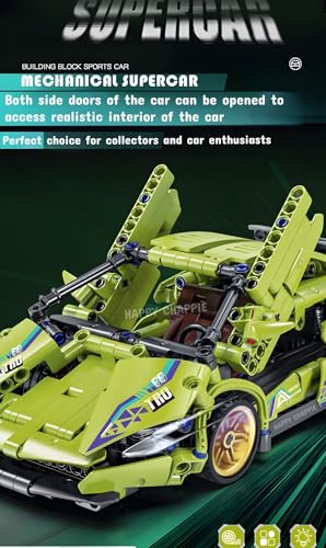 Image of Mechanical Super Car Building Blocks (470 PCS) | Pull Back Function, Openable Doors, Rubber Wheels with Golden Spokes | Highly Detailed Car Model Construction Toy for Kids 6+ Years