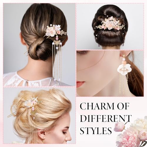 Image of MAYCREATE 5Pcs Flower Tassels Hair Pin Crystal Rhinestone Pearl Headpiece Drop Earrings Retro Brides Hair Accessories for Women Girls