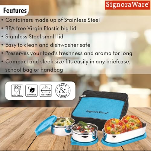 Image of SignoraWare Health Bite Stainless Steel Lunch Box | Airtight & Leakproof | Compact & Easy to Carry | Ideal for Meal Prep, Travel & Everyday Use (350ml x 2 + 650ml | Setof3 | TBlue)