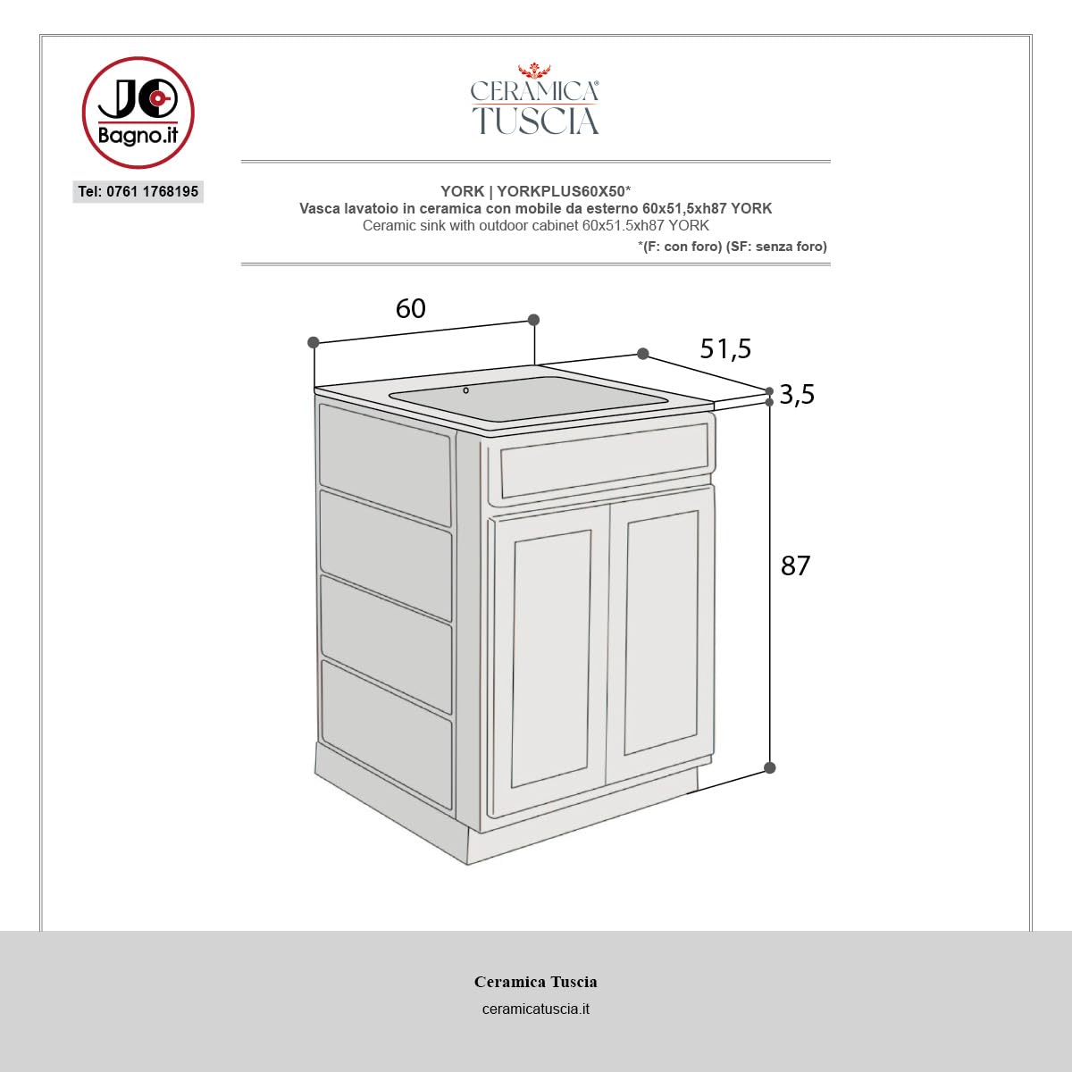Lavatoio da Esterno con Mobiletto 60x50 YORK PLUS – Vasca in Ceramica Profonda 25 cm + Mobile in Resina – Made in Italy – Ideale per Giardino, Garage, Mare – Jo-Bagno.it