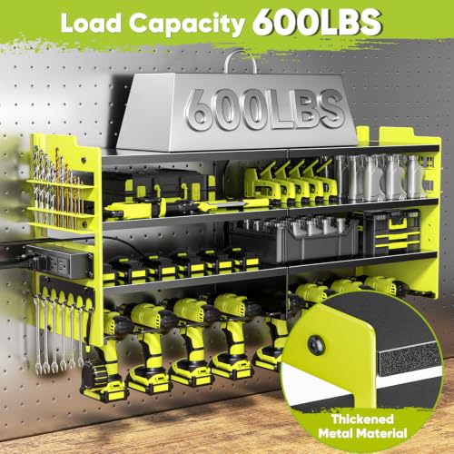 Image of POKIPO Upgrade Power Tool Organizer Wall Mount with Charging Station,4 Layer Heavy Duty Metal Storage Rack Loads 600lbs with 8 Cordless Drill Holder,4 Outlet Power Strip Battery Utility Rack for Man
