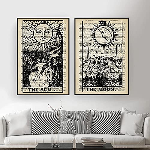 Tableau Tarot Vintage Soleil Lune pour Habiller un Grand Mur Vide de Salon sans se Ruiner
